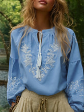 Load image into Gallery viewer, Wild Floral Embroidery ,Linen Cotton Shirts, Lace-up Tassel Boho Blusas
