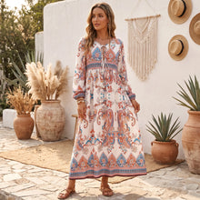 Load image into Gallery viewer, Vintage Floral Printed Women Tie Neck Lantern Sleeve Beach Holiday Maxi Dress
