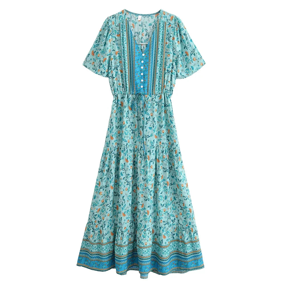 Green Floral Print ,Bohemian Maxi Dresses,Boho Dress