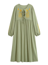 Load image into Gallery viewer, Linen Cotton,Wild Floral Embroidery , Lace-up Tassel Maxi Boho Dress
