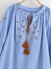 Load image into Gallery viewer, Star Embroidered, Linen Cotton Blouse ,Lace-up Tassel Boho Shirt

