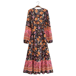 Floral Print ,Breasted Bohemian Maxi Dress, Boho Dress Robe