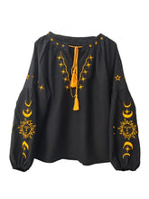 Load image into Gallery viewer, Star Moon Embroidery, Linen Cotton Blouse,Lace-up Tassel Boho Shirts
