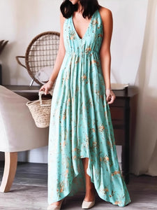 Floral Print ,Backless Sexy Beach Bohemian Dress,, High-Low Boho Dress