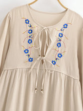 Load image into Gallery viewer, Linen Cotton,Wild Floral Embroidery , Lace-up Tassel Maxi Boho Dress
