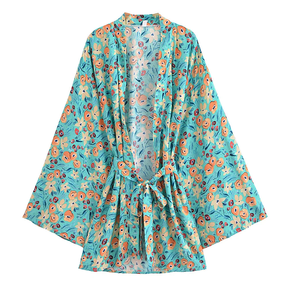 Green Floral Print ,Beach Bohemian Kimono,Boho Bikini Cover-ups