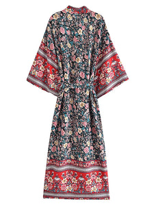 Black Floral Print ,Bohemian Kimono Beach ,Boho Cover-ups