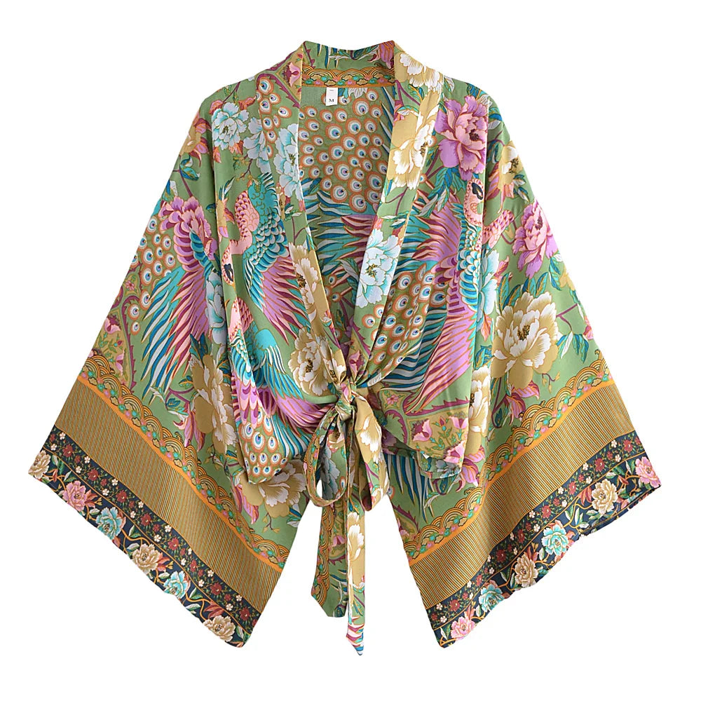 Bohemian Kimono, Boho Bikini Cover-ups,Peacock Floral Print
