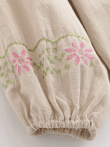Golden Floral Embroidery ,Linen Cotton Blouse,Loose Boho Shirts