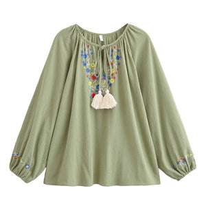Floral Embroidery, Linen Cotton Blouse, Boho Shirts