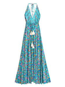 Peacock Green ,Backless Sexy Maxi Dress,High-Low Tassel Boho Dress