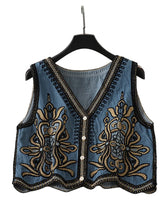 Load image into Gallery viewer, Denim Floral Embroidery ,Suspender Vest ,Sequin Waistcoat Streetwear
