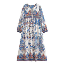 Load image into Gallery viewer, Vintage Floral Printed Women Tie Neck Lantern Sleeve Beach Holiday Maxi Dress
