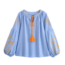 Load image into Gallery viewer, Bird Floral Embroidered ,Linen Cotton Blouse ,Lace-up Tassel Boho Shirt
