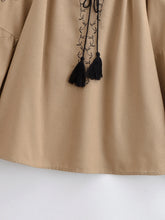 Load image into Gallery viewer, Bird Floral Embroidered ,Linen Cotton Blouse ,Lace-up Tassel Boho Shirt
