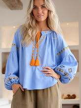 Load image into Gallery viewer, Geometry Embroidered ,Linen Cotton ,Lace-up Tassel Boho Shirt
