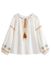 Load image into Gallery viewer, Geometry Embroidered ,Linen Cotton ,Lace-up Tassel Boho Shirt
