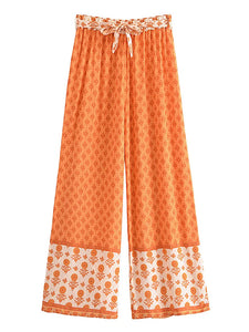 Geometric Floral Print ,Wide Leg Bohemian Pants , Boho Pant Pockets