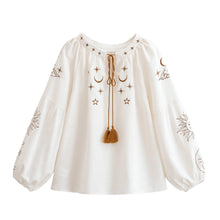 Load image into Gallery viewer, Star Embroidered, Linen Cotton Blouse ,Lace-up Tassel Boho Shirt
