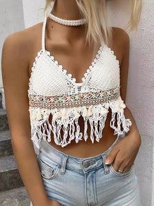 Hollow Out Sleeveless ,Bohemian Crop Tops ,Floral Tassel Knitted Camis