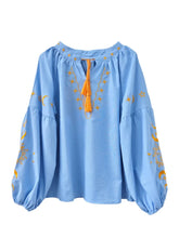 Load image into Gallery viewer, Star Moon Embroidery, Linen Cotton Blouse,Lace-up Tassel Boho Shirts
