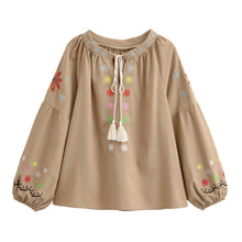 Load image into Gallery viewer, Bohemian Floral Embroidered, Linen Cotton Blouse,Lace-up Tassel Boho Shirt
