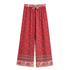Red Floral , Wide Leg Pants,Loose Vacation Boho Pants