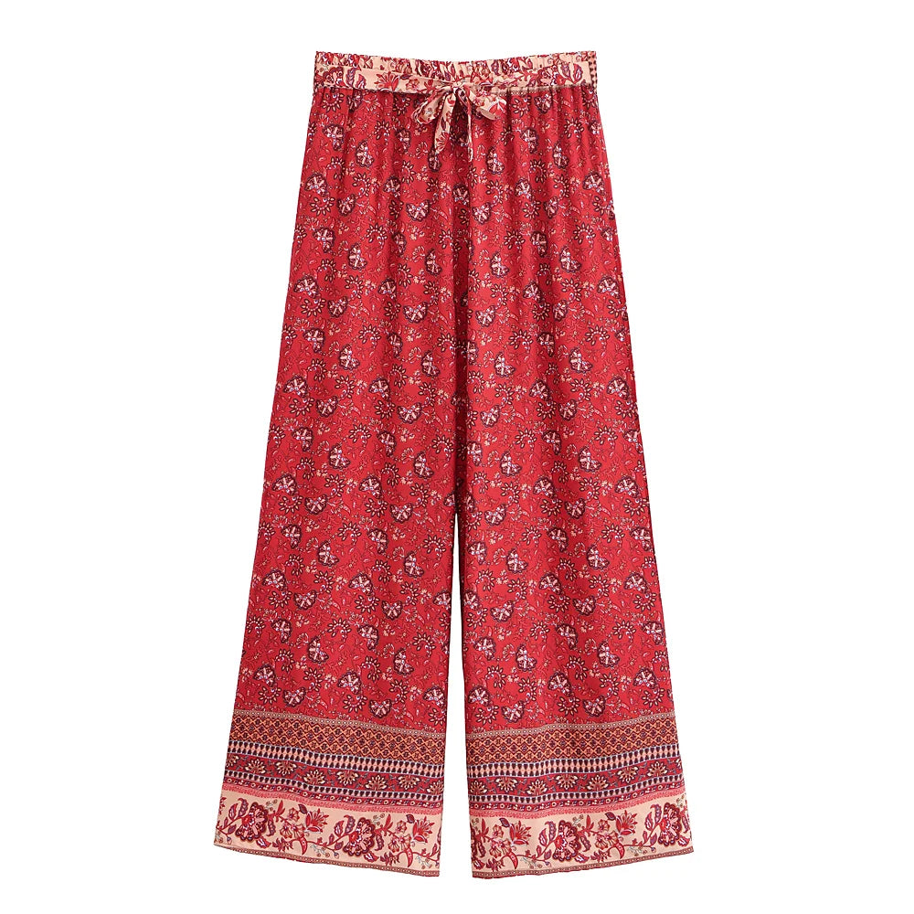 Red Floral , Wide Leg Pants,Loose Vacation Boho Pants