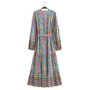 Floral Print ,Breasted Bohemian Maxi Dress, Boho Dress Robe