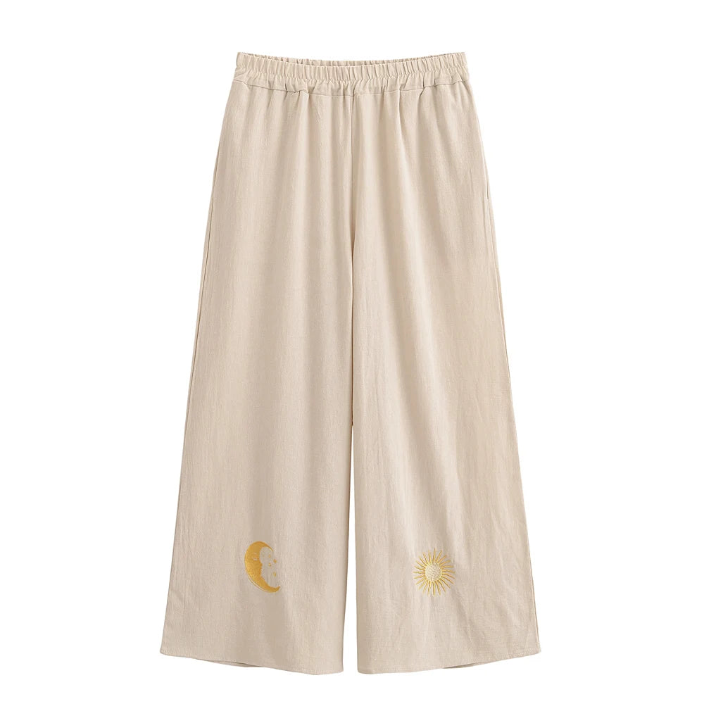 Sun and Moon Embroidery ,Bohemian Pants ,Boho Trousers