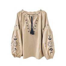 Load image into Gallery viewer, Star Moon Embroidery, Linen Cotton Blouse,Lace-up Tassel Boho Shirts
