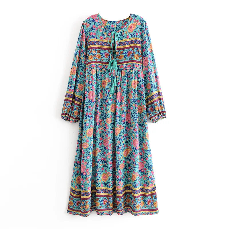 Green Floral Print ,Beach Bohemian Dress,Boho Dress