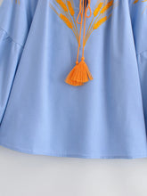 Load image into Gallery viewer, Wheat Embroidered, Linen Cotton Blouse,Lace-up Tassel Loose Boho Shirt
