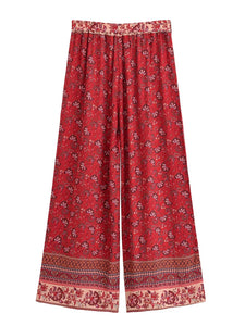 Red Floral , Wide Leg Pants,Loose Vacation Boho Pants