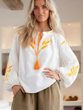Load image into Gallery viewer, Wheat Embroidered, Linen Cotton Blouse,Lace-up Tassel Loose Boho Shirt
