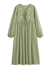 Load image into Gallery viewer, Linen Cotton,Wild Floral Embroidery , Lace-up Tassel Maxi Boho Dress
