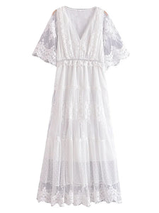 White Lace Embroidery,Bohemian Maxi Dress,Wedding Dress