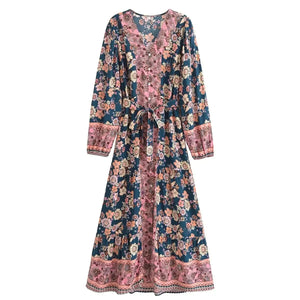 Floral Print ,Breasted Bohemian Maxi Dress, Boho Dress Robe