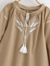 Load image into Gallery viewer, Wheat Embroidered, Linen Cotton Blouse,Lace-up Tassel Loose Boho Shirt
