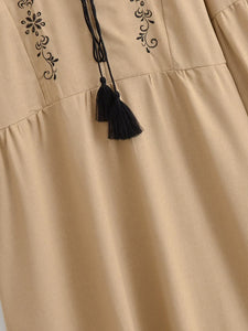 Retro Floral Emberoidery, Linen Cotton Vacation, Boho Maxi Dress
