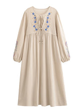 Load image into Gallery viewer, Linen Cotton,Wild Floral Embroidery , Lace-up Tassel Maxi Boho Dress
