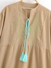 Load image into Gallery viewer, Retro Linen Cotton,Wheat Emberoidery, Lantern Sleeve Boho Maxi Dress
