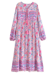 Pink Floral Print ,Beach Bohemian Maxi Dresses ,Boho Dress