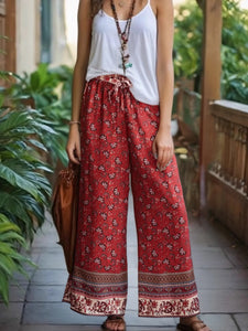 Red Floral , Wide Leg Pants,Loose Vacation Boho Pants