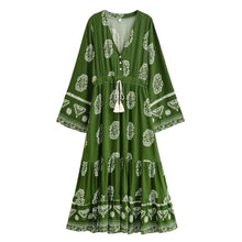 Load image into Gallery viewer, Ethnic Floral Long Sleeve Tassel Rayon Beach Bohemian maxi Dress
