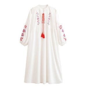 Retro Floral Emberoidery, Linen Cotton Vacation, Boho Maxi Dress