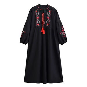 Floral Emberoidery, Linen Cotton Maxi Dress,Tassel Boho Dress