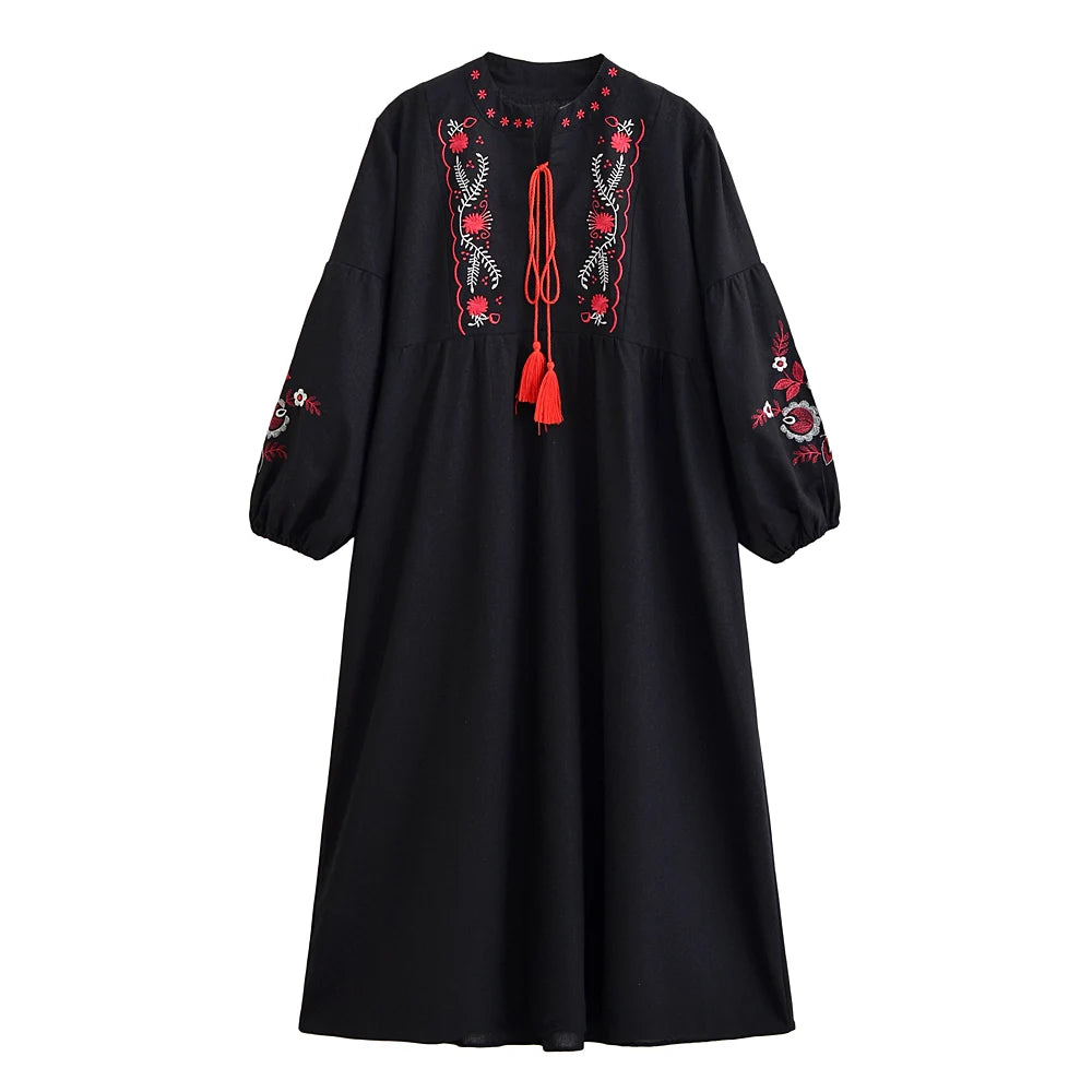 Floral Emberoidery, Linen Cotton Maxi Dress,Tassel Boho Dress