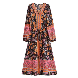 Floral Print ,Breasted Bohemian Maxi Dress, Boho Dress Robe