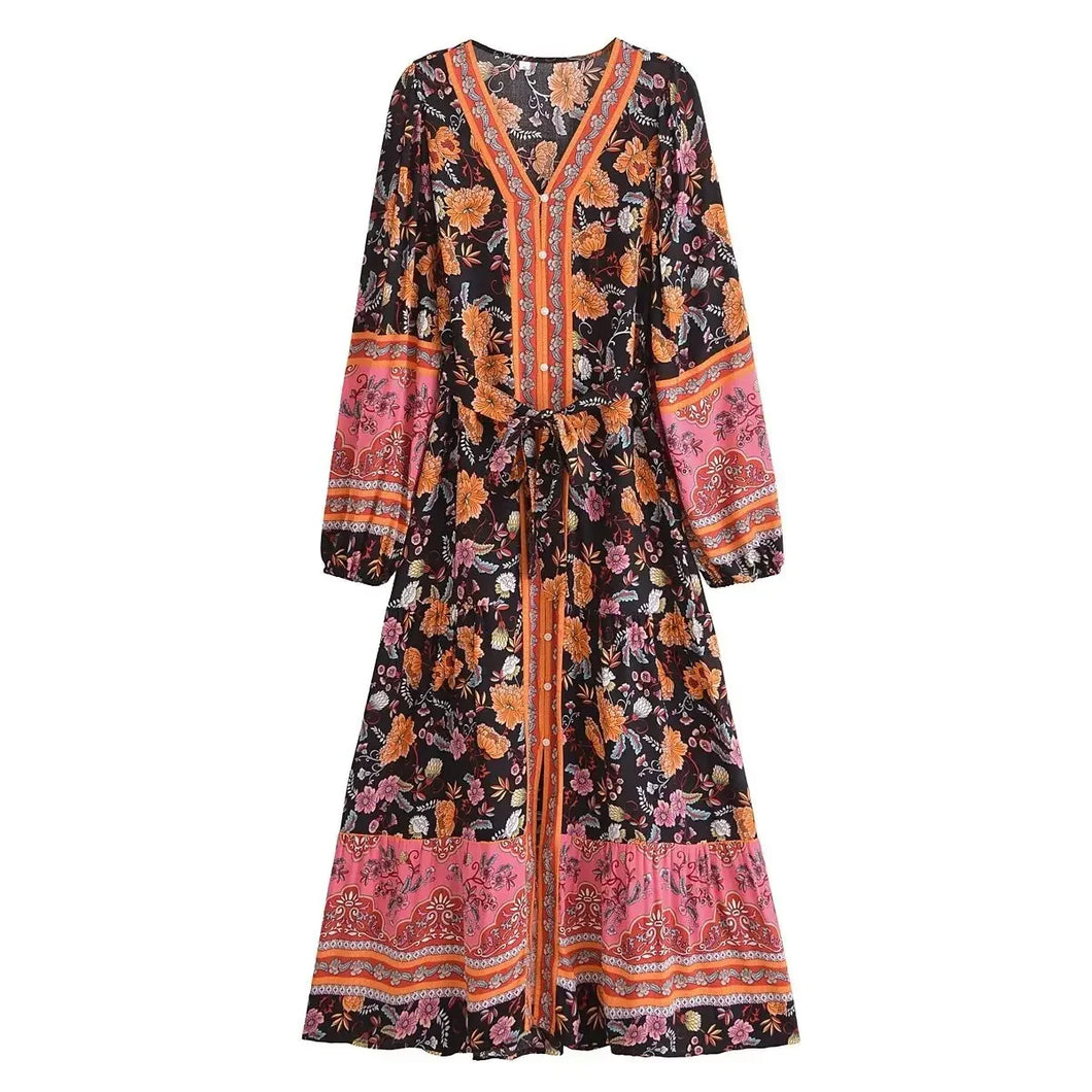 Floral Print ,Breasted Bohemian Maxi Dress, Boho Dress Robe